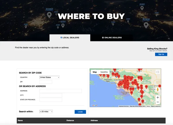 Dealear locator page of kingshoccks.com in desktop orientation