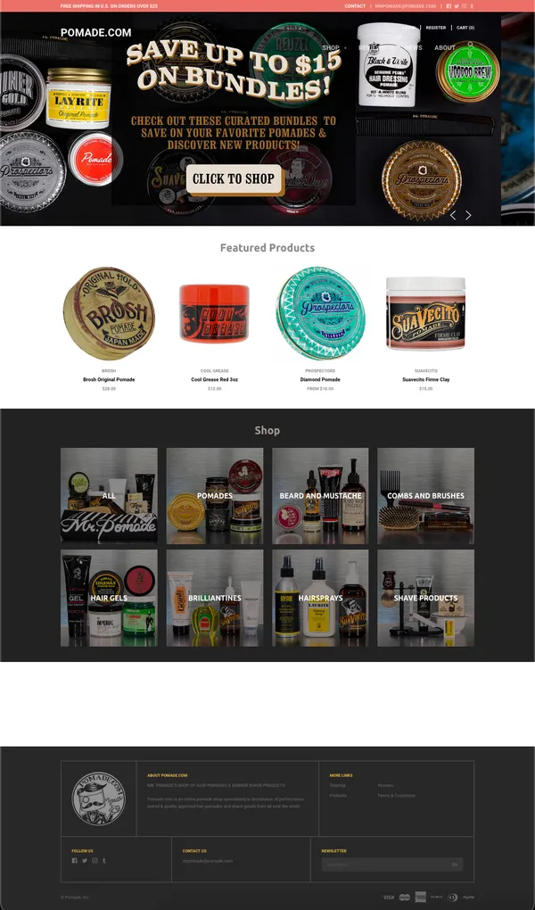 Front page of the Pomade.com website in desktop orientation