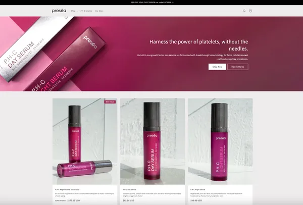 Front page of Presea Skincare website in desktop orientation