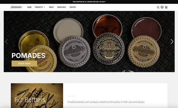 Front page of the Prospector's Pomade wesite in desktop orientation