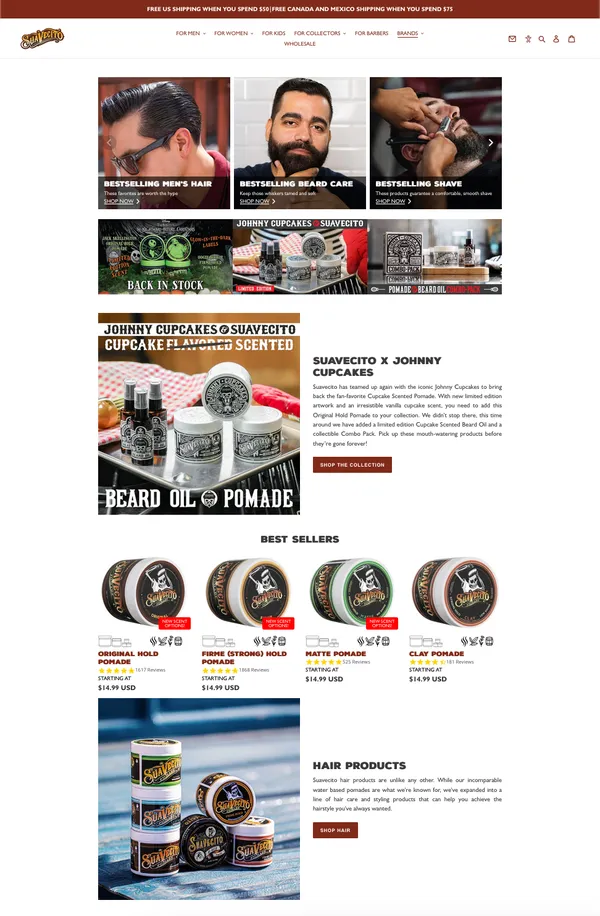 Front page of Suavecito Pomade website in desktop orienation